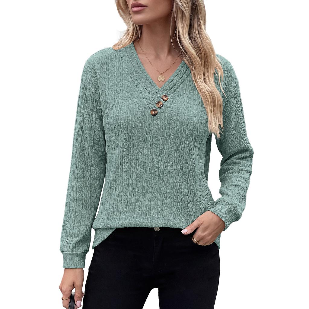 Women Solid Color V Neck Button Decoration Loose Long Sleeve Casual T Shirt Top