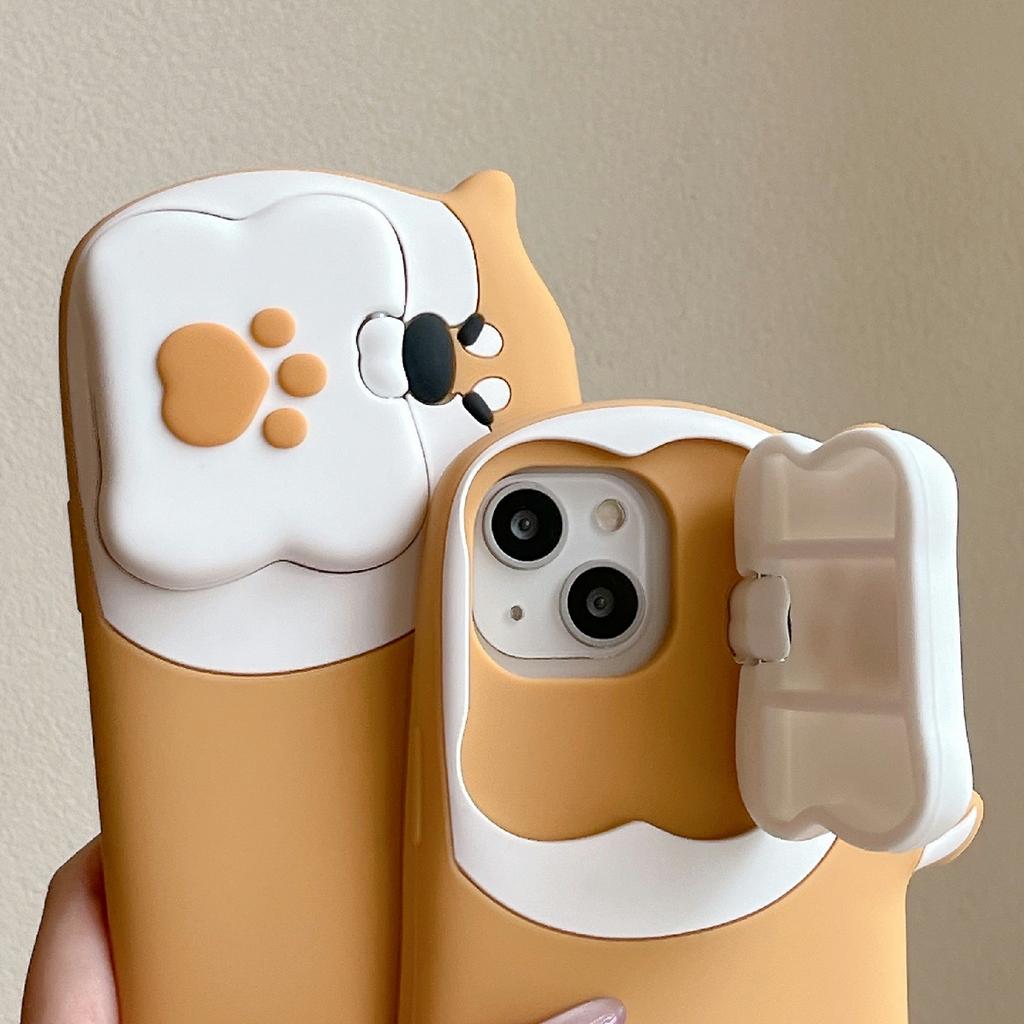 For iPhone 15 Silicone Case Dog Eating Bone Design Lens Cover Kickstand Phone Cover