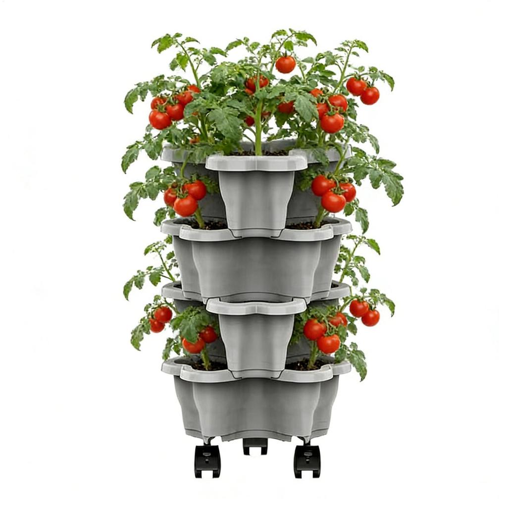 Stapelbarer vertikaler Blumentopf, mehrschichtiger Gartenturm mit beweglichen Rollen für Erdbeer-Gemüse-Rahmen, Anzuchttopf