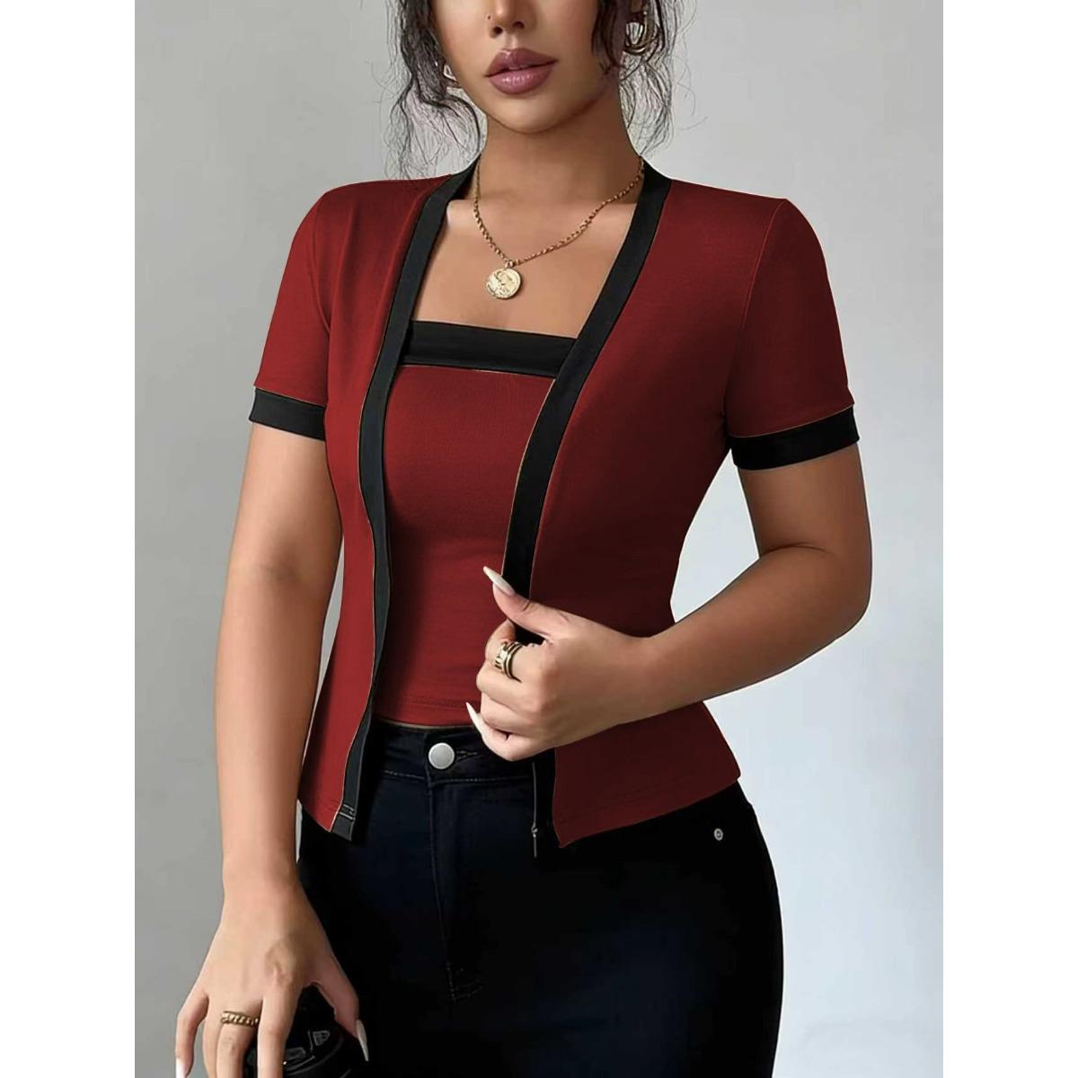 

Summer New Contrast Color Fake Two-piece Short Sleeve Knit Cardigan Y2K Hot Girl Style for Women, European American Crossbody Fashion Top XXL темно-червоний колір