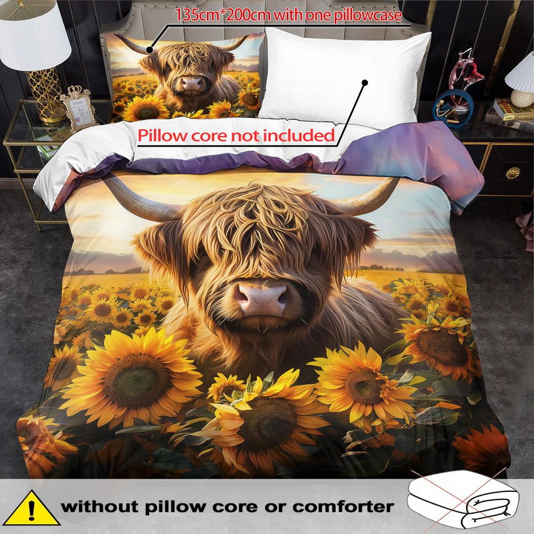 Cow Theme Duvet Cover Set - 2/3pcs, Soft Comfortable Breathable Sunflower Print Bedding, Farm Animal Print Comforter Cover Set, 100% Polyest 135cm*200cm