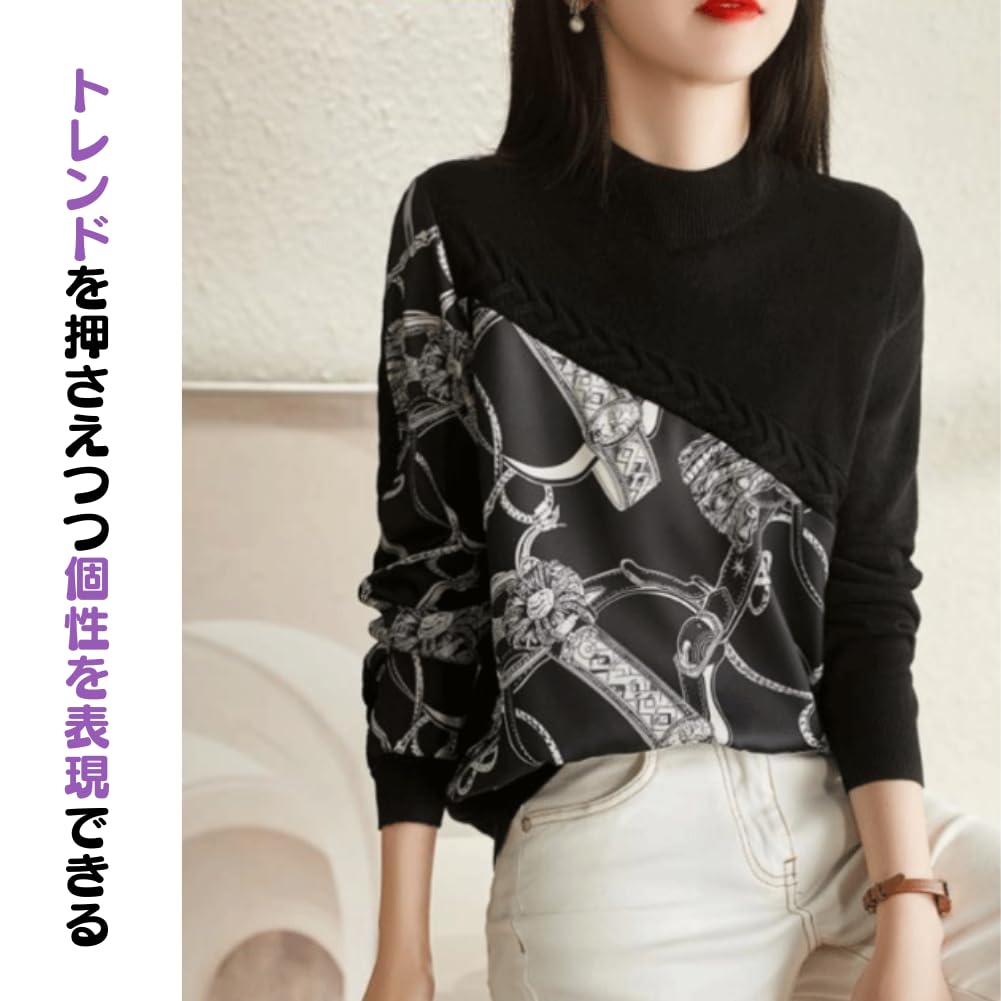 Scarf Print Knit Long Mixed Material Mock Loose Ribbed Knit Stylish and Perfect for the Dinner or Any Casual Slim Attractive Slim Slim Size M