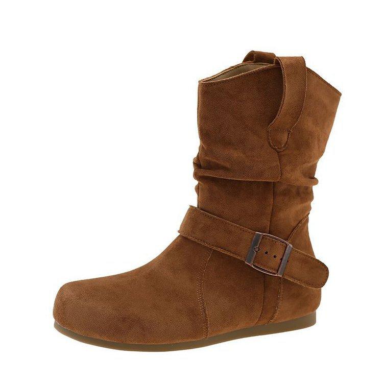 Western cowboy boots Martin boots women's shoes retro suede buckle 2025 new summer design pleated small short boots