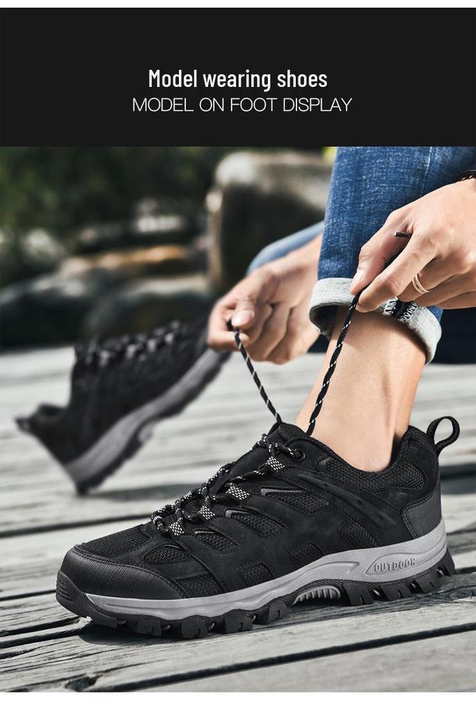 Men's Genuine Leather Lightweight Hiking & Walking Shoes, Low-Top Casual Outdoor Footwear