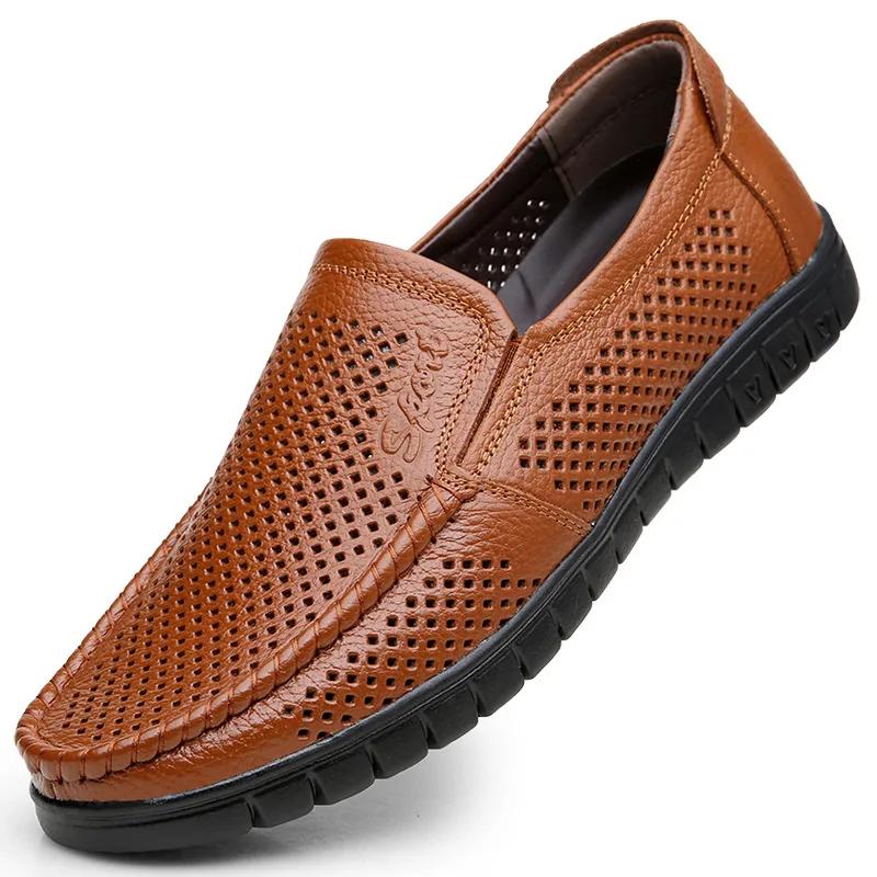 Men Summer Breathable Hollow Sandals Cowhide Genuine Leather Soft Sole Flats Loafers Casual Shoes