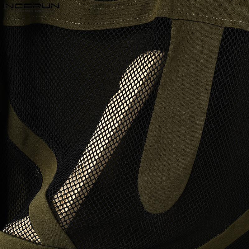 INCERUN Herren T-Shirt mit Stehkragen und Puffärmeln, Mesh, durchsichtig, Patchwork