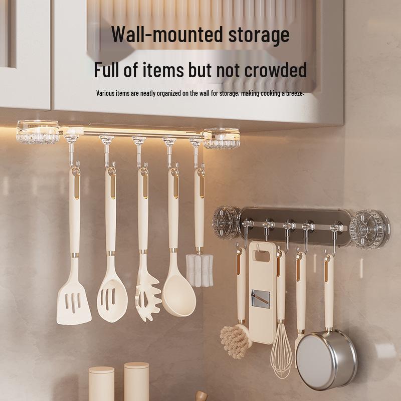 Wall-Mounted Kitchen Organizer: No-Punch Hooks, Spoon & Spatula Rack, Knife Holder Shelf