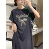 Korean alphabet print casual t-shirt dress women's lazy style loose medium and long knee split lazy skirt
