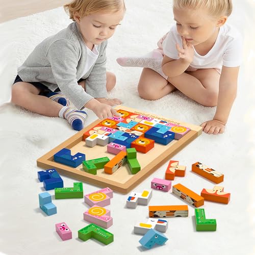 Bajoy Edukacyjna Zabawka Montessori 4 w 1 Drewniana Układanka Tetris Puzzle Jigsaw Puzzle Klocki Budowlane Puzzle 3D Trening Mózgu Trening Pamięci Rozumowanie Przestrzenne