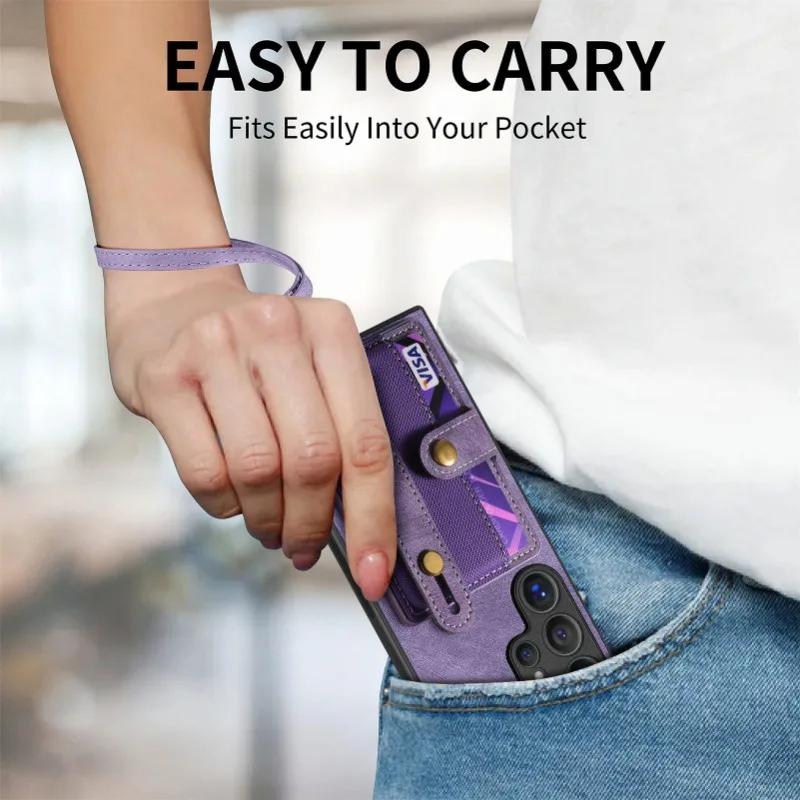 Wrist Strap Phone Case for Samsung Galaxy S24 Plus S23 FE S25 S22 Ultra A06 A16 A36 A05 A15 A25 A35 A55 Wallet Card Holder Cover