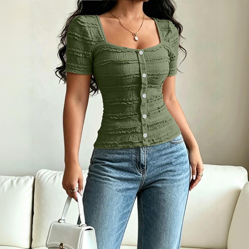 Women's Casual Solid Button Front Square Neck Short Sleeve T-Shirt Top Slim Fit Lightweight Stretchy Fabric
