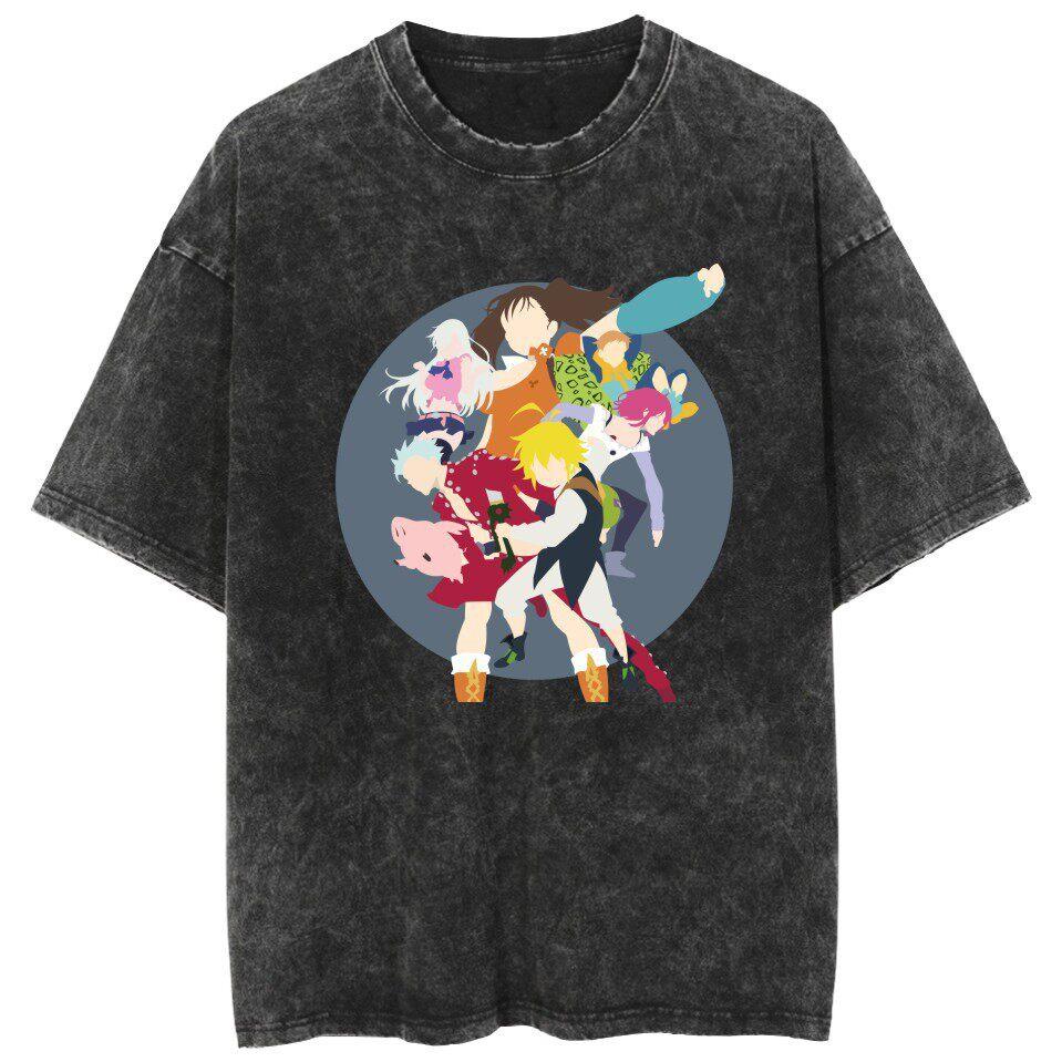 Hot Washed T-shirt "The Seven Deadly Sins" - Cartoon Loose Couple Short Sleeve Shirt