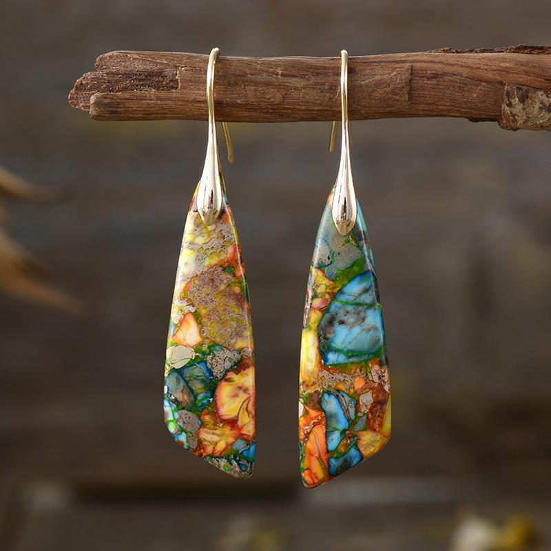Blingbay Women's New Bohemian Ethnic Style Natural Stone Pendant Earrings Popular Retro Jewelry