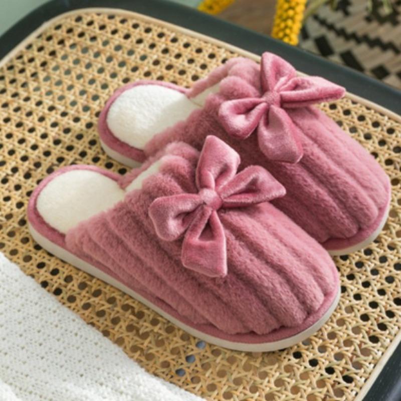 Winter thickened warm plush bow men and women's home indoor and outdoor soft bottom thick bottom non-slip couple cotton slippers