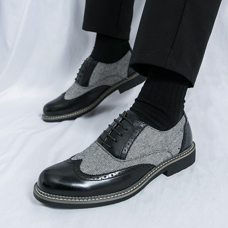 Spring Versatile Business Lace Up Blok Color Blocked Leather Shoe Brand New Men Comfortable Pointed Carved Leather Shoes