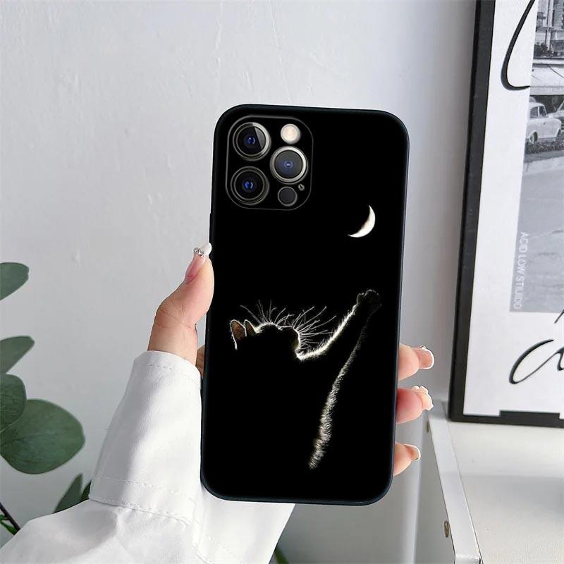 Black Cat Line Phone Case for iPhone 11 15 16 Pro Max Case Coque 14 Plus 13 Pro 12 Mini 11 X XS 16 8 SE2020 15Pro TPU Soft Cover