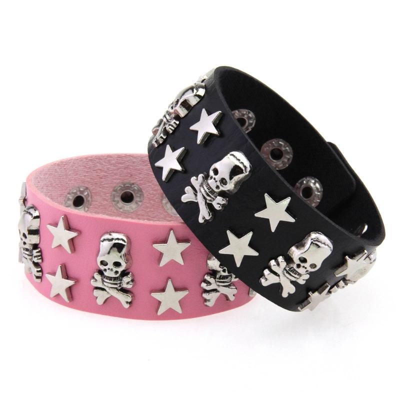 Wide Skull Star Wristband with Adjustable Snap Closure, Punk Statement Bracelet for Parties, Concert Looks, and Streetwear