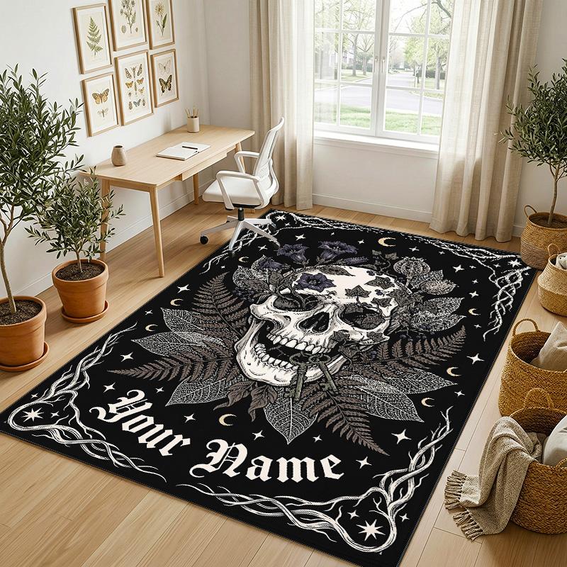 Skull Floral Theme Soft Crystal Velvet Rug Custom Name & Text Print Non Slip Floor Rug for Bedroom Living Room