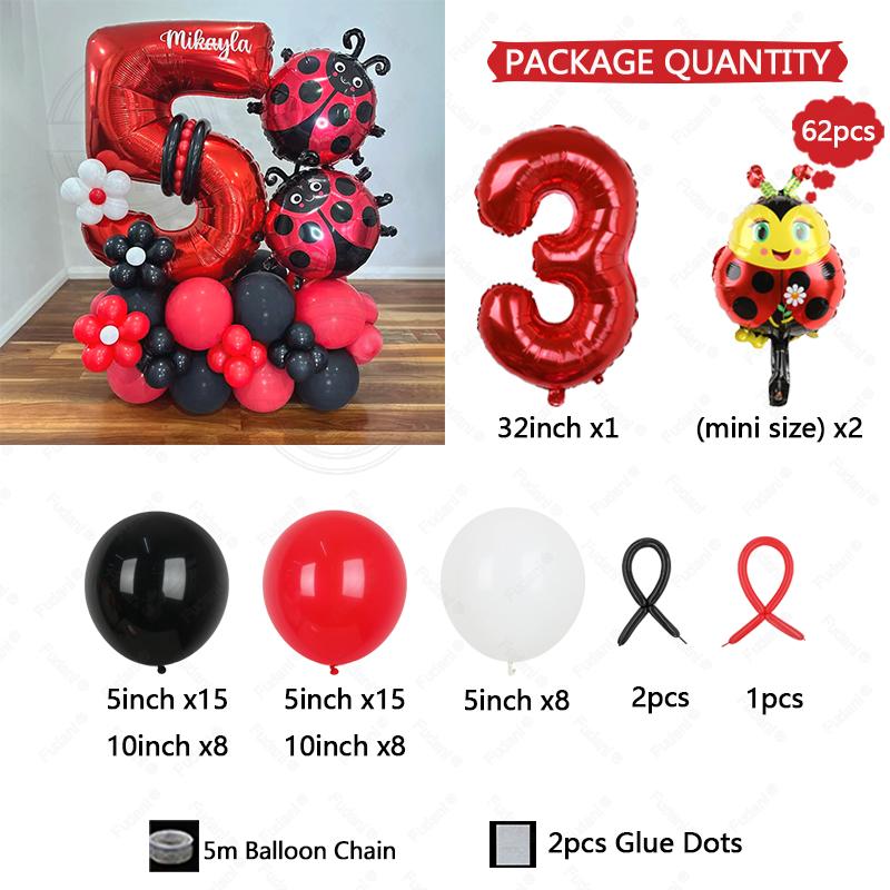 62pcs LadyBug Foil Balloons Garland Arch Kit Red Number Foil Ballon 1-9 Black Dot Happy Birthday Banner Party Decors Air Globos