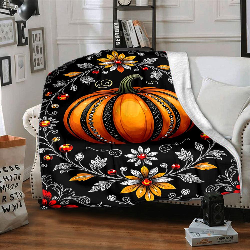 1pc Pumpkin Floral Blanket, Lightweight Flannel Throw Blanket for Sofa, Bed, Travel, Camping, Living Room, Office, Couch, Chair, and Bed