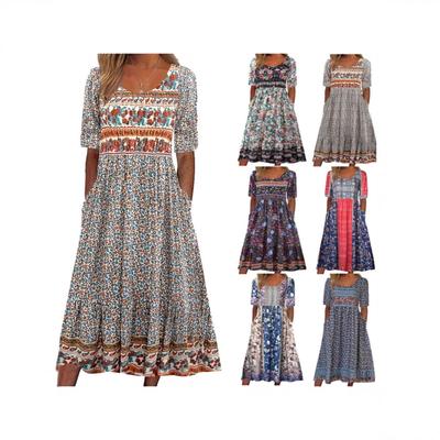 Vestido Maxi Estampado Boho de Verano para Mujer, Cuello Redondo Manga Corta Casual Largo, Estilo Europeo Americano Vestido de Vacaciones para Damas