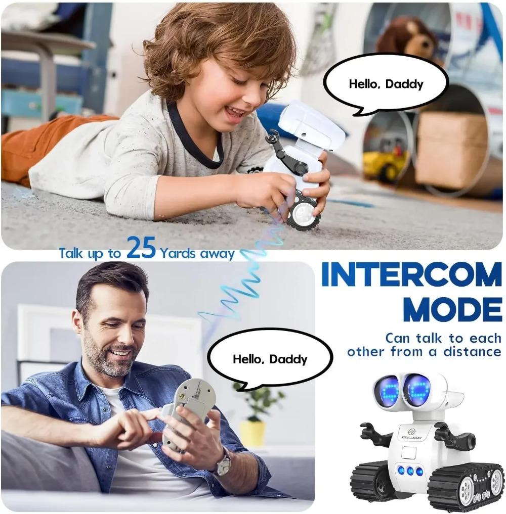 Remote control robot toy for kids with rechargeable battery, music, LED eyes, walkie-talkie function