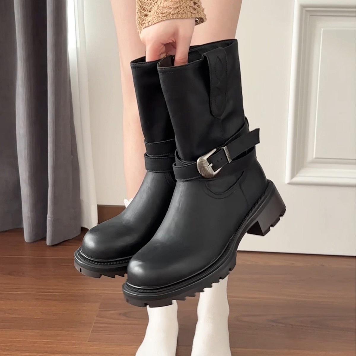 

Cowhide version Wasteland wind thick-soled Martin boots women s round head autumn and winter new knight boots retro belt buckle locomotive short boots 40