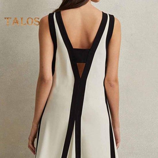 Women Maxi Dress V-Neck Sleeveless Contrast Color Loose Fit Long Dress Double Sided Wear Holiday Travel Dress