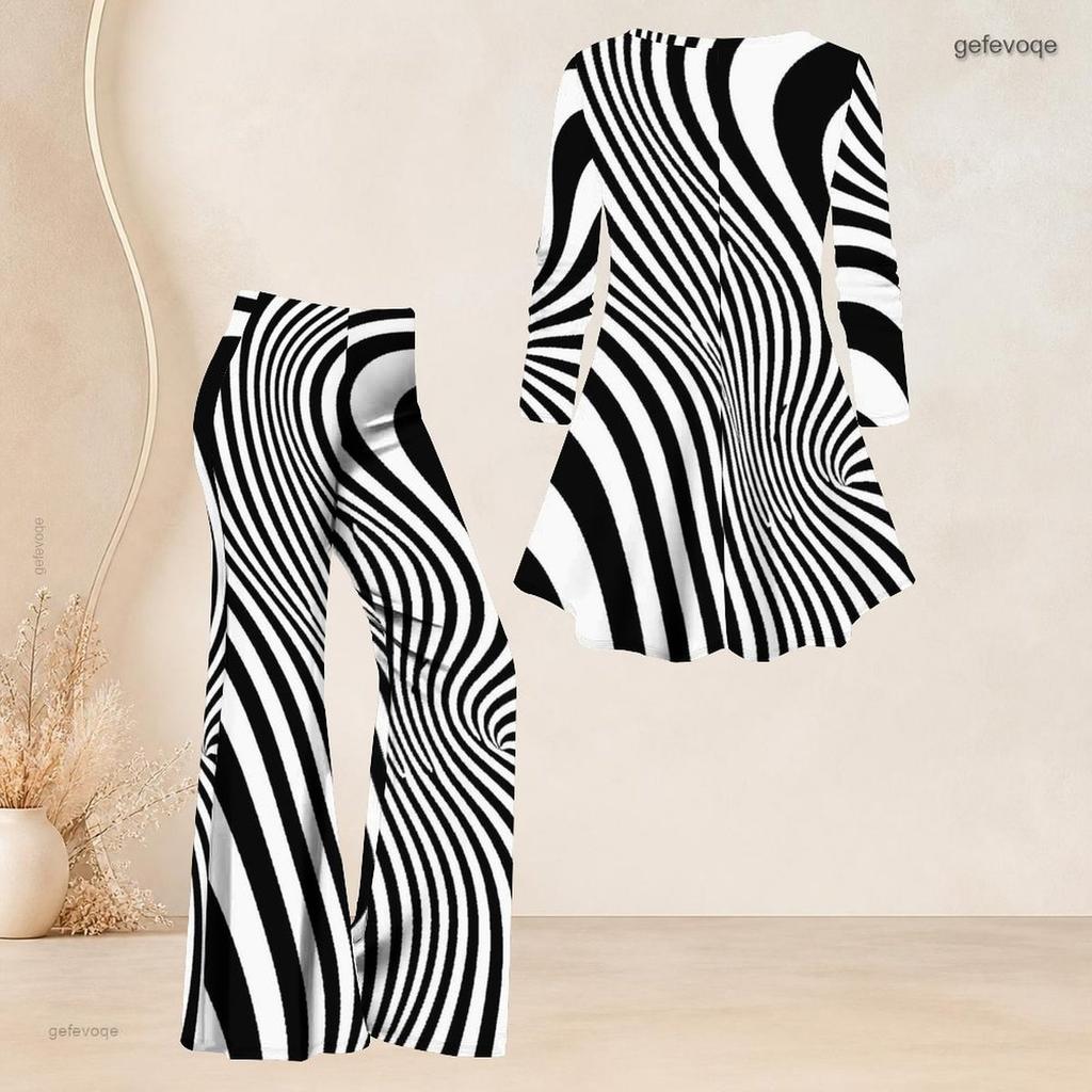 Women Plus Size Two Piece Set V Neck Three Quarter Sleeve Black White Printed Flared Top And Flared Pants