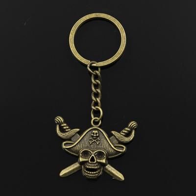 Fashion 3cm Key Ring Metal Key Chain Keychain Jewelry Antique Bronze Silver Color Plated Skull Pirate Flag 45x34mm Pendant