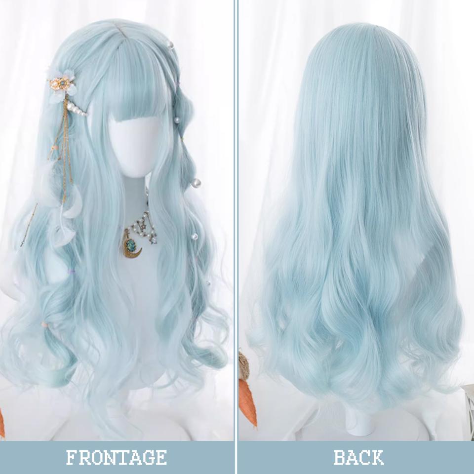 Water Blue Long Curly Hair Synthetic Wig Female Lolita Halloween Dress Sweet Straight Bangs Long Curly Hair Wig