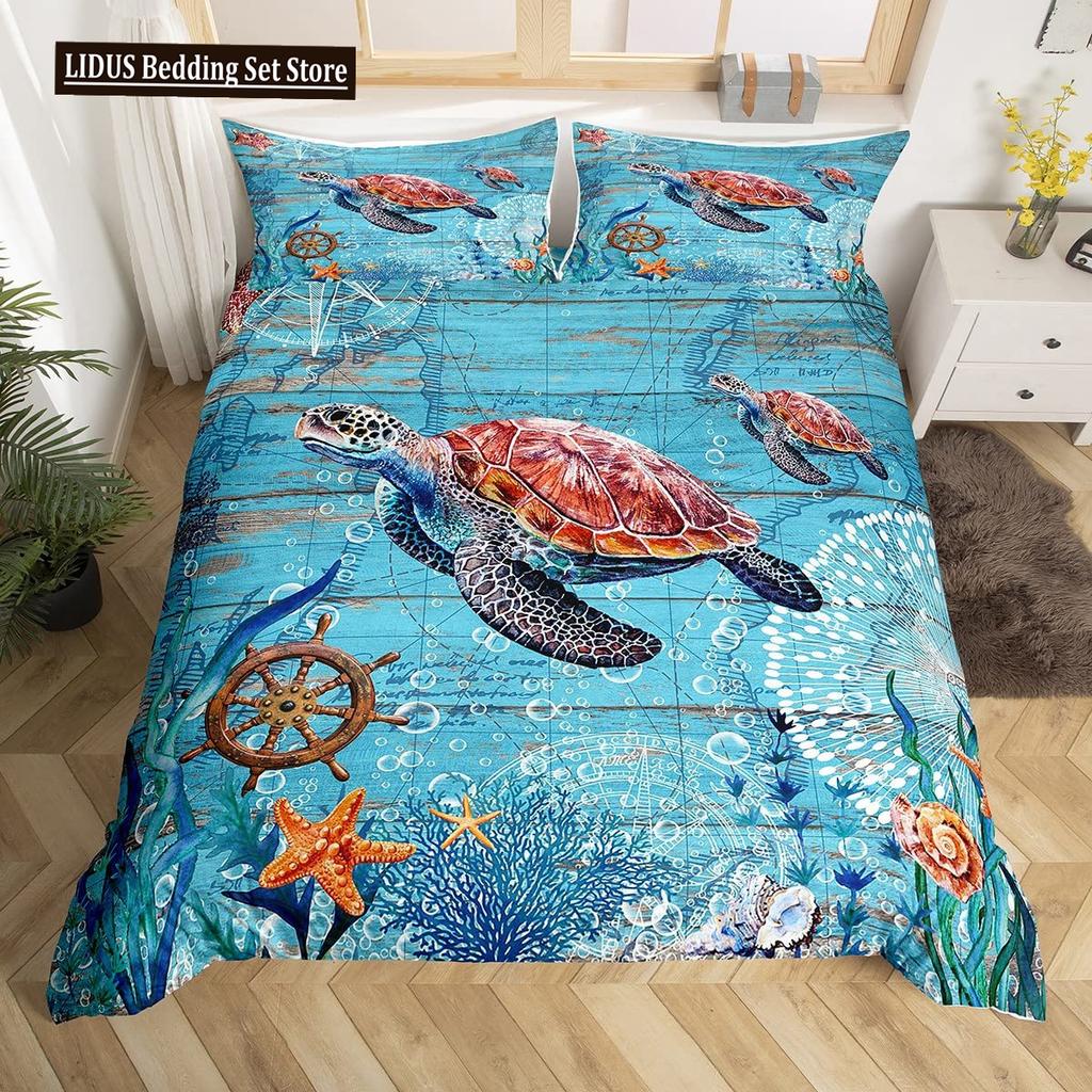 Sea Turtle Duvet Cover Set King Size Watercolor Tortoise Butterfly Comforter Cover For Boys Girly Dreaming Style Bedding Set