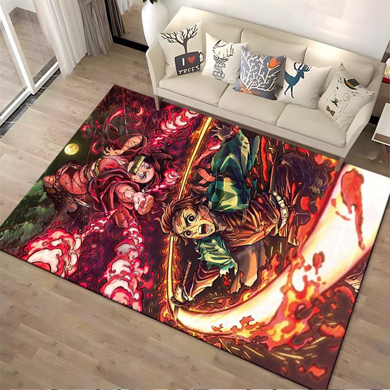 Vibrant anime-style carpet with a fiery battle scene Suitable for use as an anti-slip game mat for living room and bedroom sofas