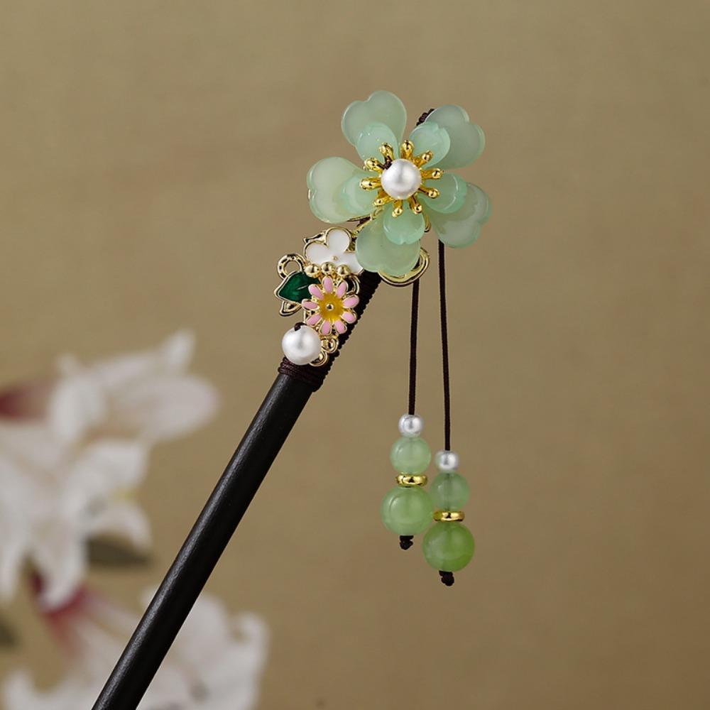 Decorative Chinese Style Flower Hair Sticks Handmade with Tassel Hair Chopsticks Retro Hair Fork Wooden Hairpin for Hanfu