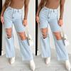Vroege Gescheurde Ketting Decoratie Rechte Pijp Jeans Dames Streetwear Denim Broeken