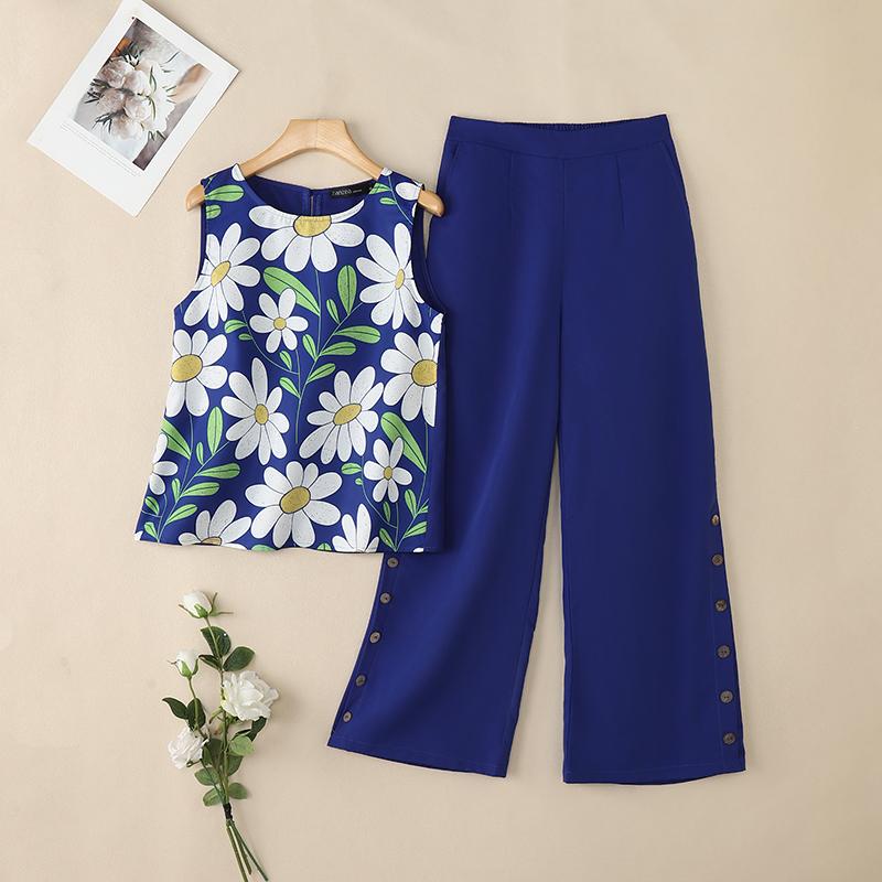 

ZANZEA Women Sleeveless Print Tank Tops and Pants Summer Two Piece Suit Sets 4XL тёмно-синий