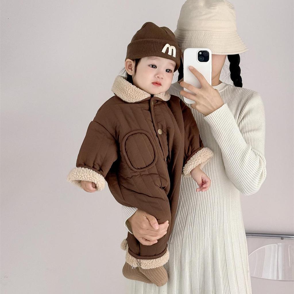 Coffee-Colored Fleece-Lined Baby Romper: Trendy Padded Cotton Jumpsuit for Boys/Girls