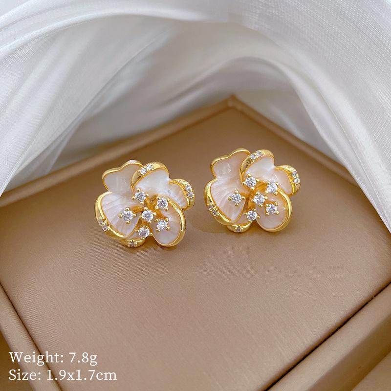 Elegant Zircon White Flower Stud Earrings Necklace for Women Fashion Sweet Stainless Steel Chain Jewelry Sets Gifts for Lover