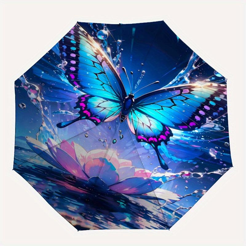 Automatic Open/Close Umbrella with Shield & - Elegant Blue Butterfly, for Lotus Flower Water Reflection Design - Sturdy 8-Rib