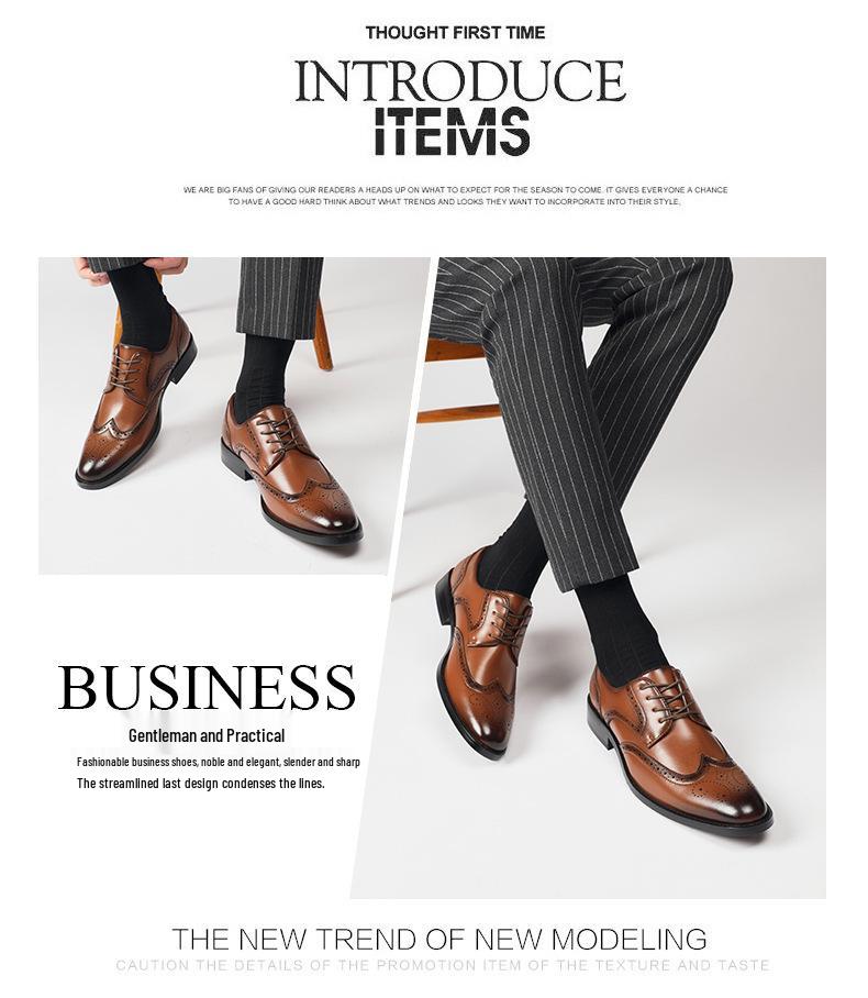 New Men's English Style Hidden Heel Derby Brogue Leather Shoes - Pointed Toe Lace-Up Design for Formal and Casual Wear
