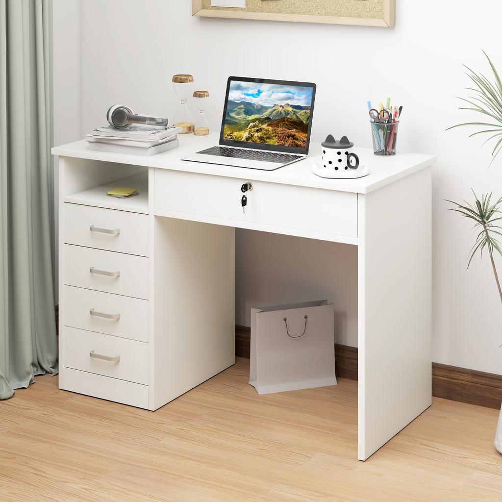 Bureau voor Slaapkamer of Kantoor in Hout met 2 Lades en 2 Sleutels, 110x50x76cm - Wit