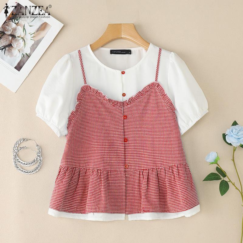 ZANZEA Women Summer Round Neck Plaid Print Patchwork Short Sleeve Blouse