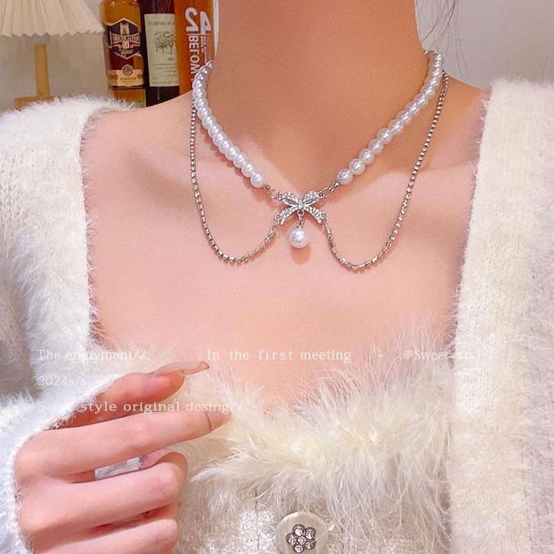 Elegant Dual-Layer Bow Pearl Necklace: Chic, Versatile, Trendy Clavicle Accessory