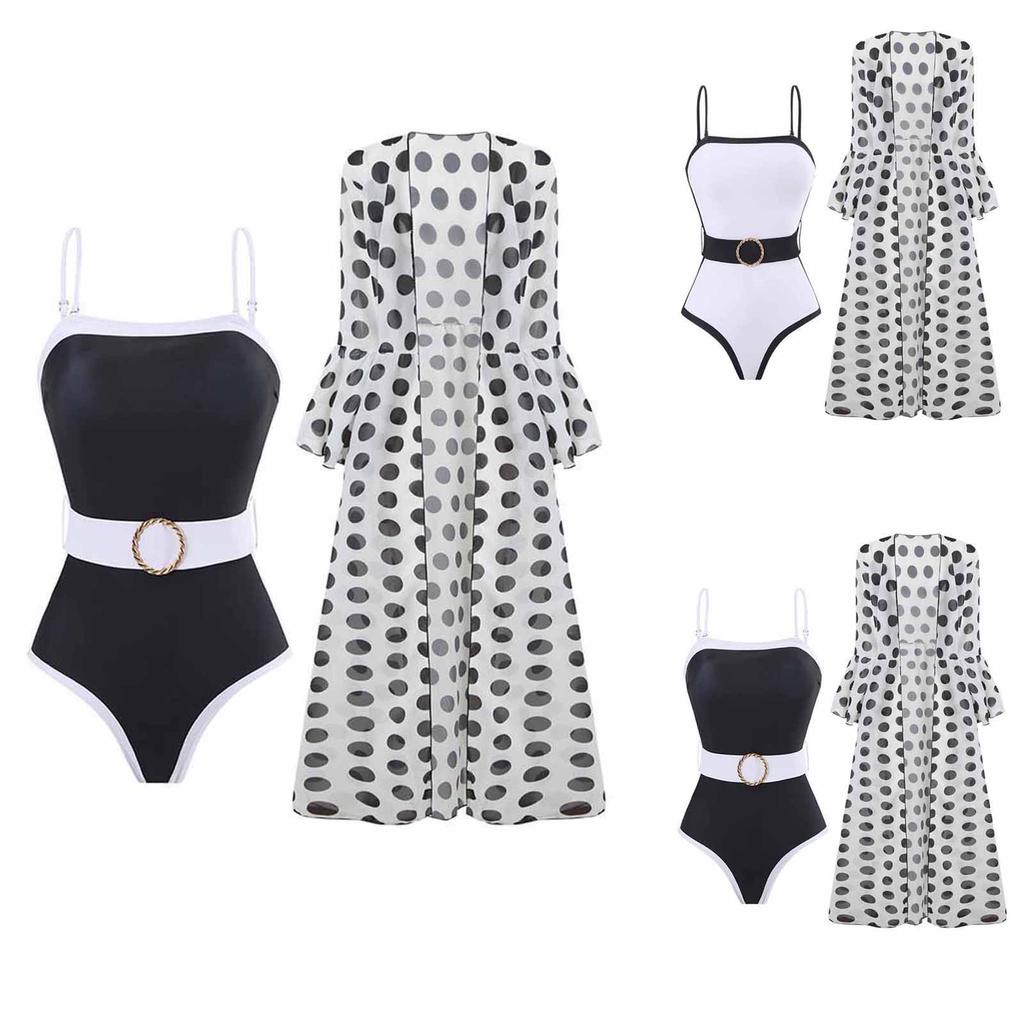 One Piece Swimsuit with Adjustable Straps and Belted Waist Plus Sheer Chiffon Polka Dot Cover Up for Women Beachwear Set