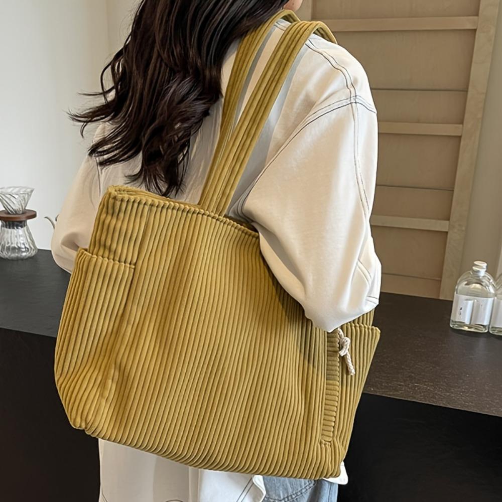 A Casual Corduroy Handbag with Zip Closure, Lightweight and Large Capacity, Fixed Shoulder Strap and Polyester Lining, Solid Everyday Commuter Handbag