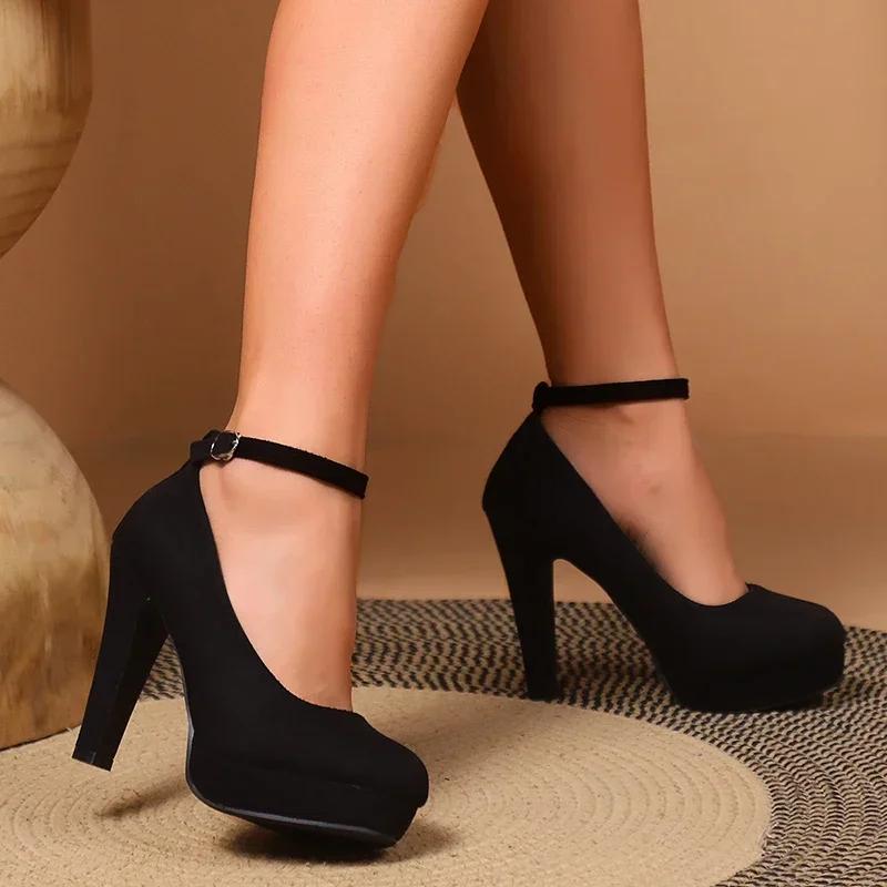 Fashion Black Super High Heels Pumps Women Ankle Buckle Stiletto Heels Platform Office Shoes Woman Sexy Round Toe Party Ladies Shoes