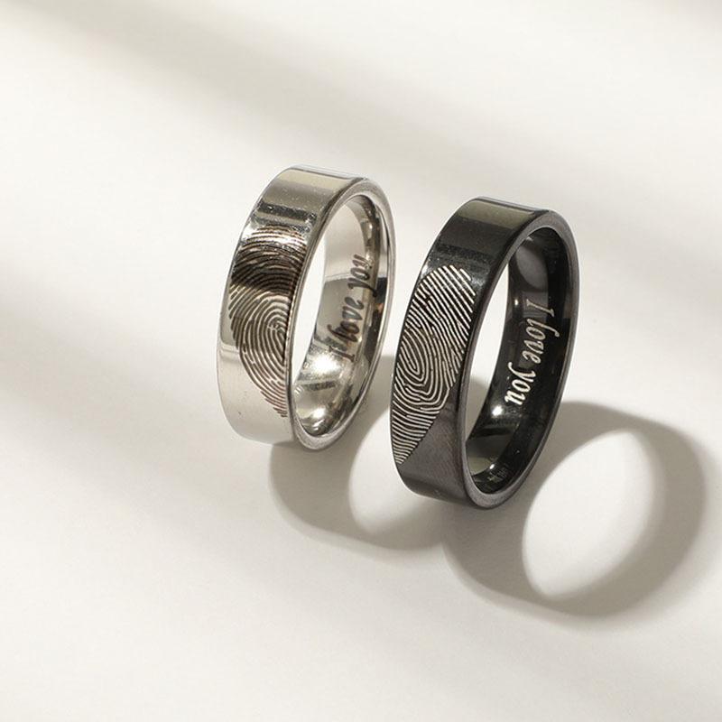 Original Design Black Silver Color Stainless Steel Heart Fingerprint Couple Rings for Women Men Personality Jewelry Friend Gift