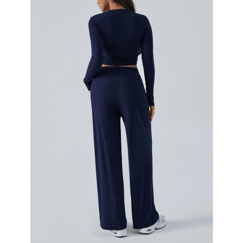 Women Long Sleeve Top Solid Drawstring Wide Leg Casual Pants Two Piece Set