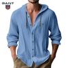 Gant Embroidery Men's Solid Color Casual Long Sleeved Shirt Hooded Drawstring Cotton and Linen Cardigan Trendy Versatile Loose Beach T-shirt