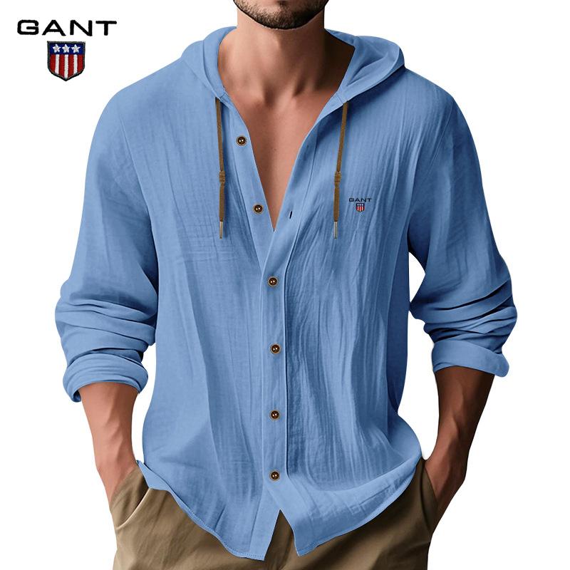 Gant Embroidery Men's Solid Color Casual Long Sleeved Shirt Hooded Drawstring Cotton and Linen Cardigan Trendy Versatile Loose Beach T-shirt